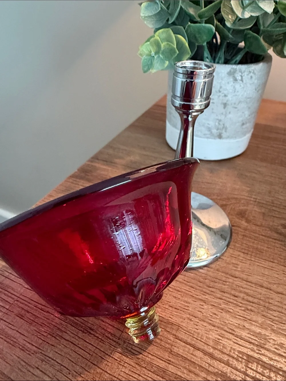 Vintage Ruby Red Glass Compote/ martini glass on removable Silver Stem